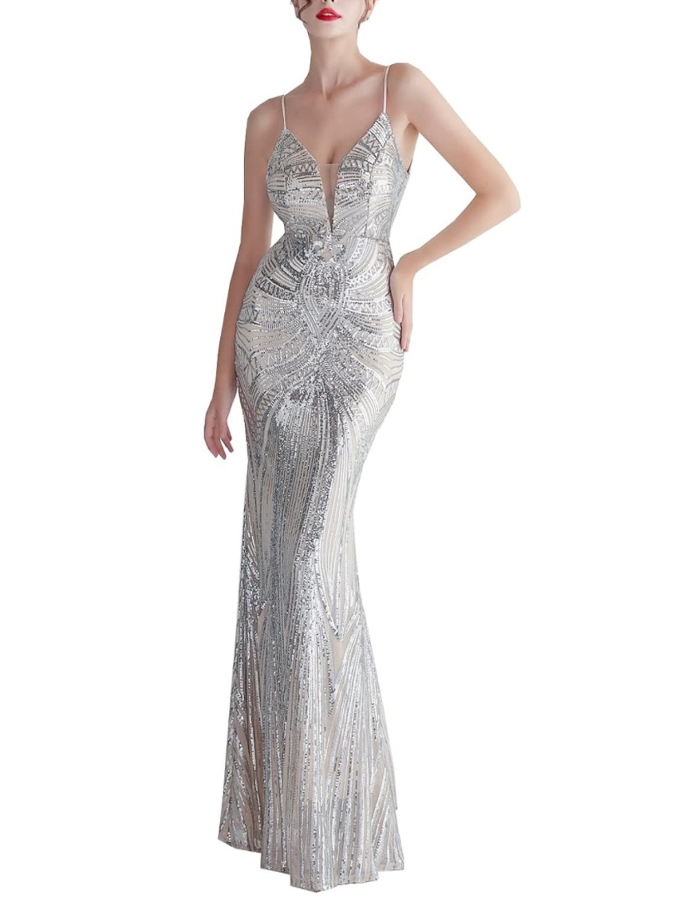 Silver Sequin V-Neck Evening Gown